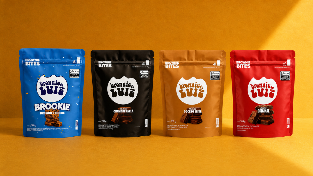 Pacotes de Bites do Brownie do Luiz com mini brownies, nas versões original, brookie e recheadas
