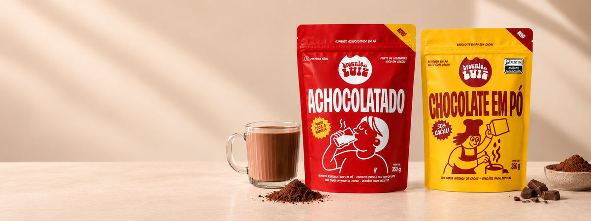 Achocolatado, chocolate em pó e bebida de chocolate do Brownie do Luiz