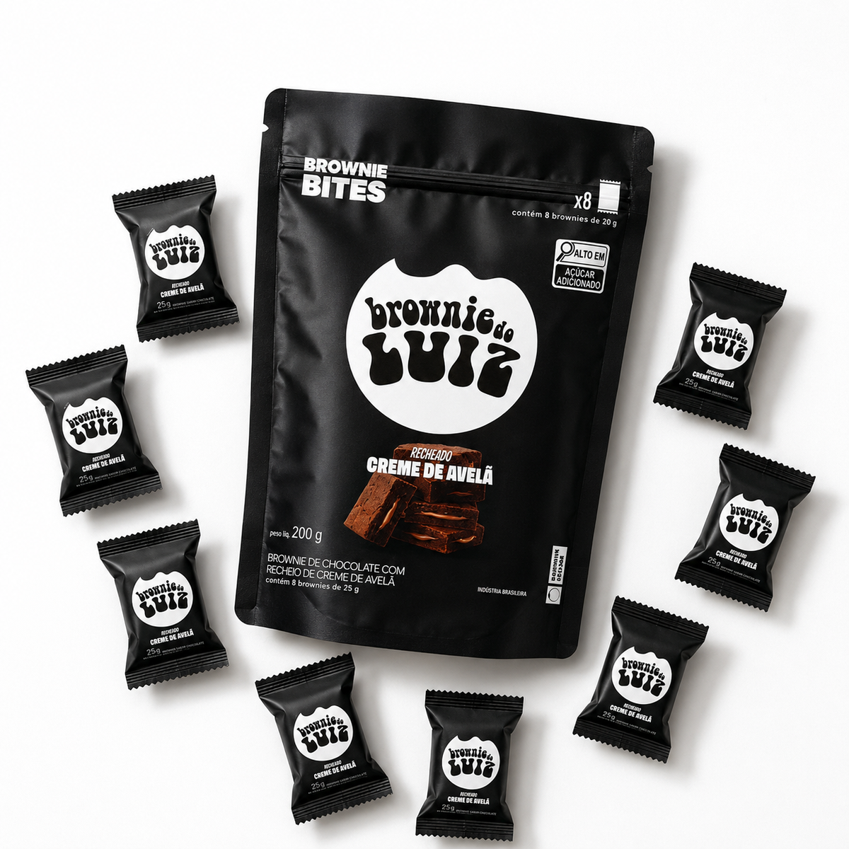 Pacote de Bites com creme de avelã do Brownie do Luiz com 8 mini brownies, 200 g