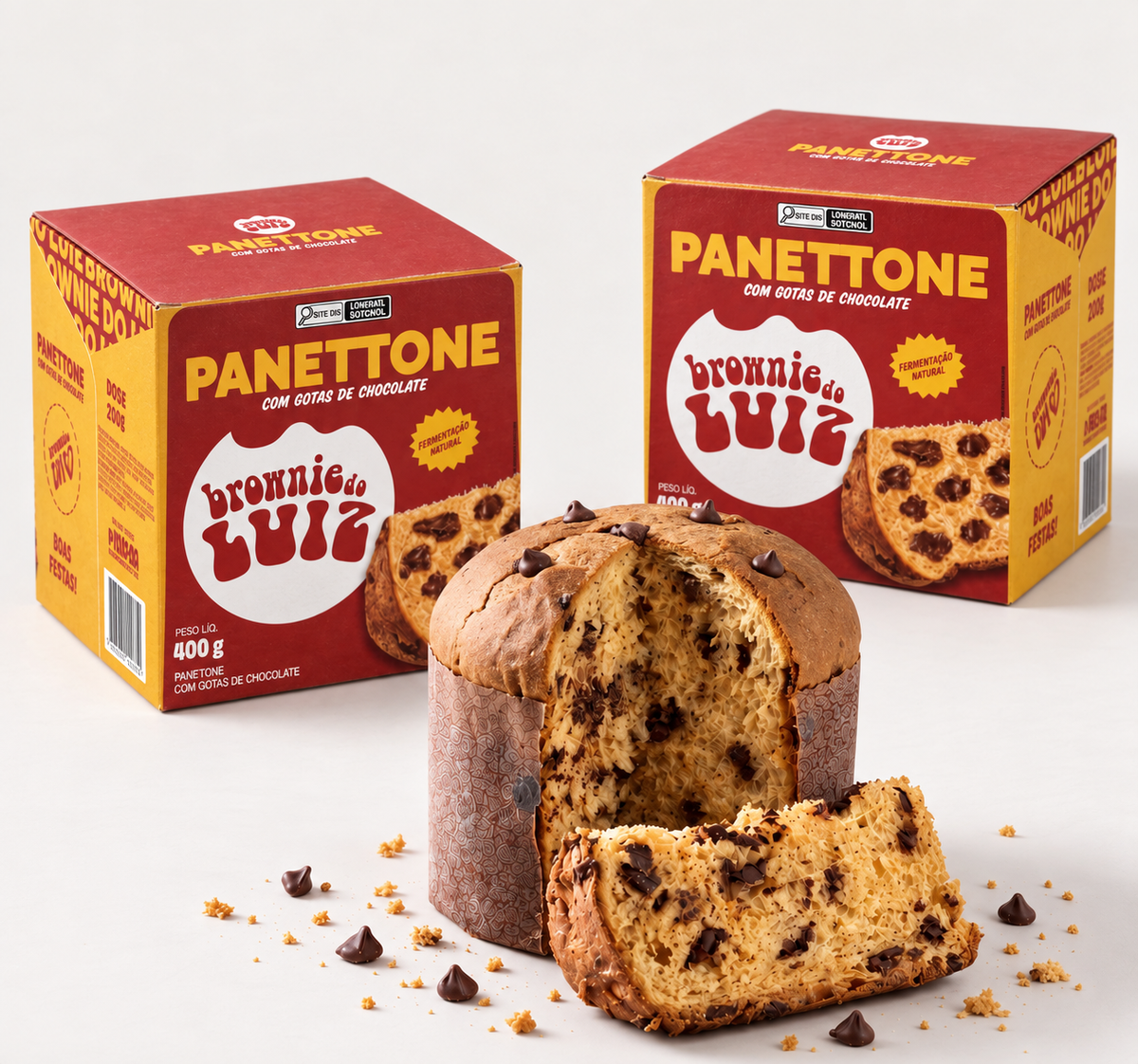Panetone Brownie do Luiz com gotas de chocolate em embalagem vermelha e dourada, 400 g