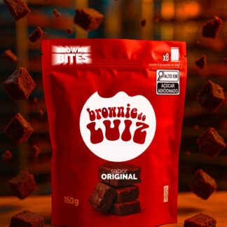 Brownie Bites original 160g do Brownie do Luiz, embalagem vermelha com 8 mini brownies de 20g cada, produto em destaque